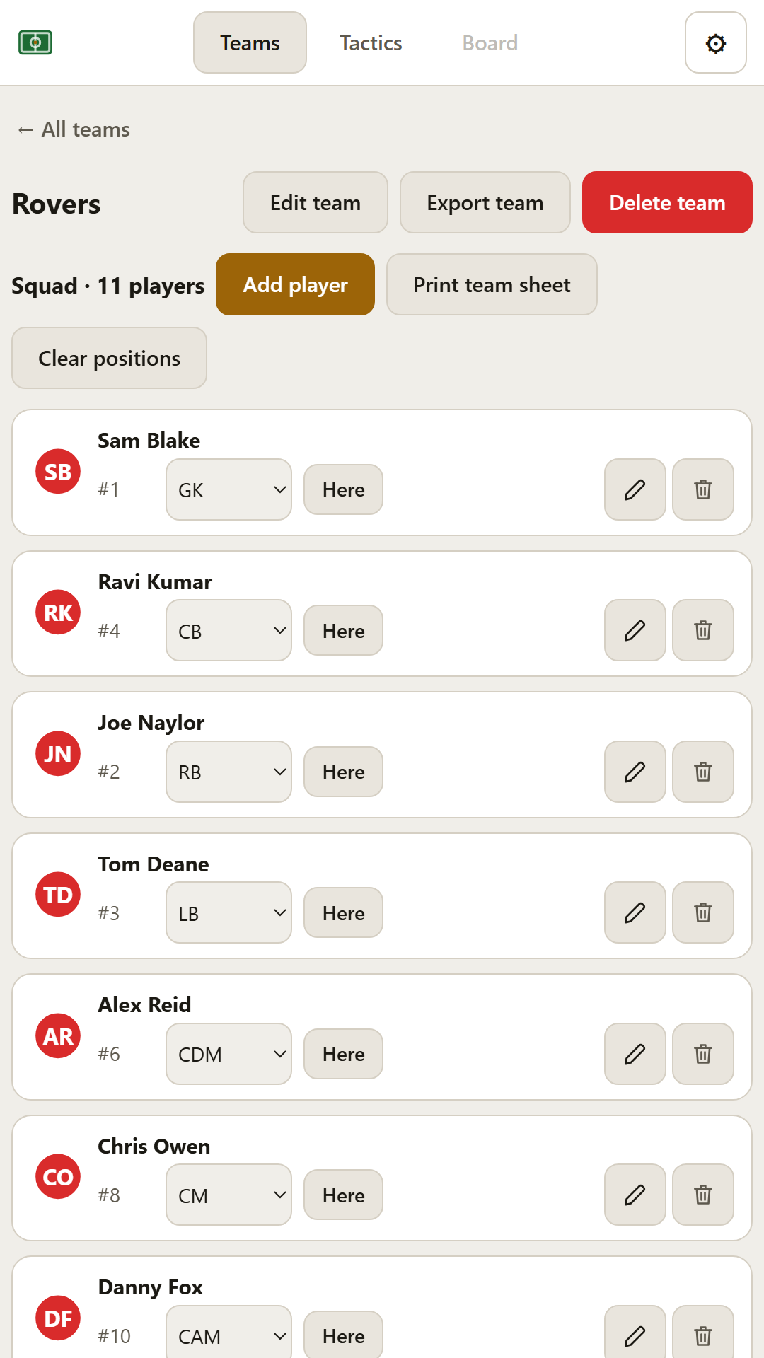 The squad list, showing players with shirt numbers, initials and positions.